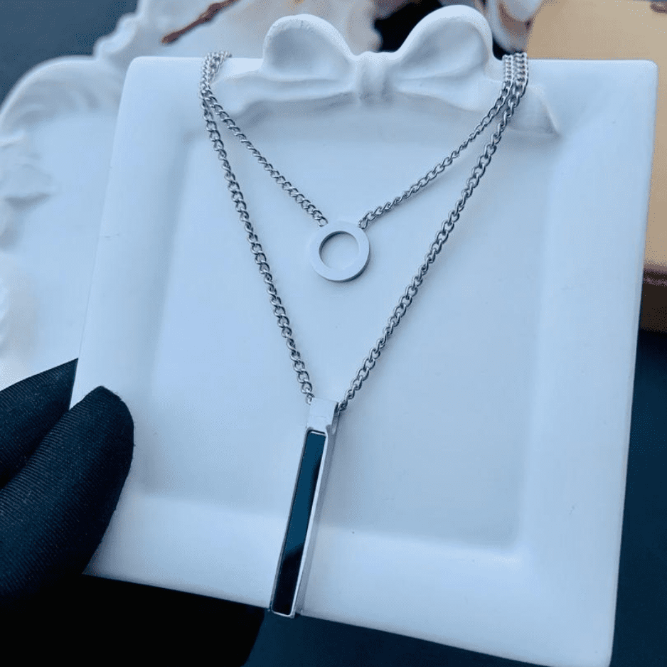 54 Silver Layered Bar & Circle Necklace (Black) - Image 1