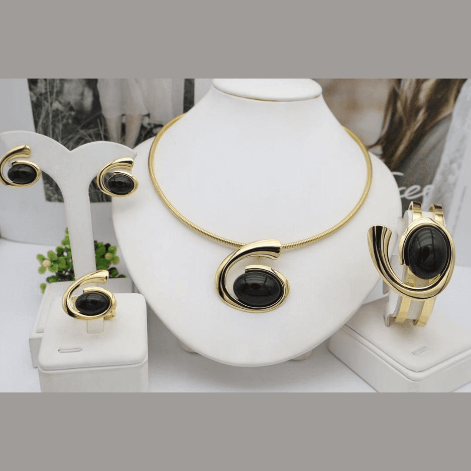 6 Modern Swirl Gold Jewelry Set (Black Onyx Style) - Image 1