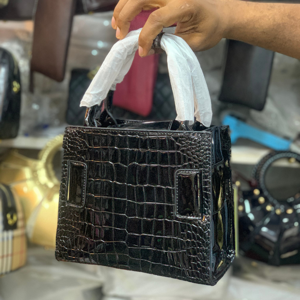 Bags 50 Black Patent Croc-Embossed Handbag - Image 1