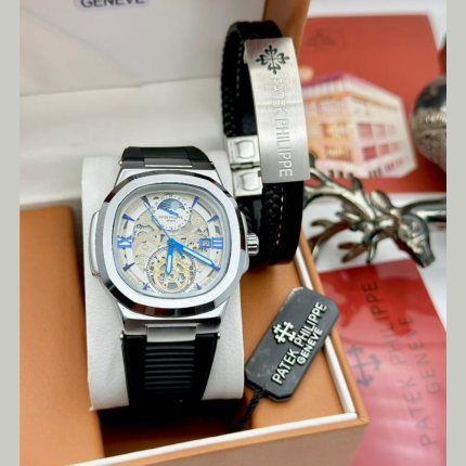Patek Philippe Style Skeleton - Silver / Black Strap