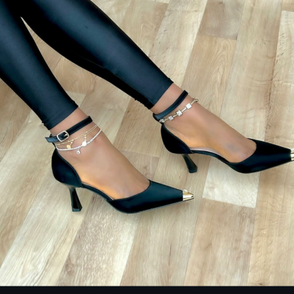 Black Satin Ankle Strap Heels